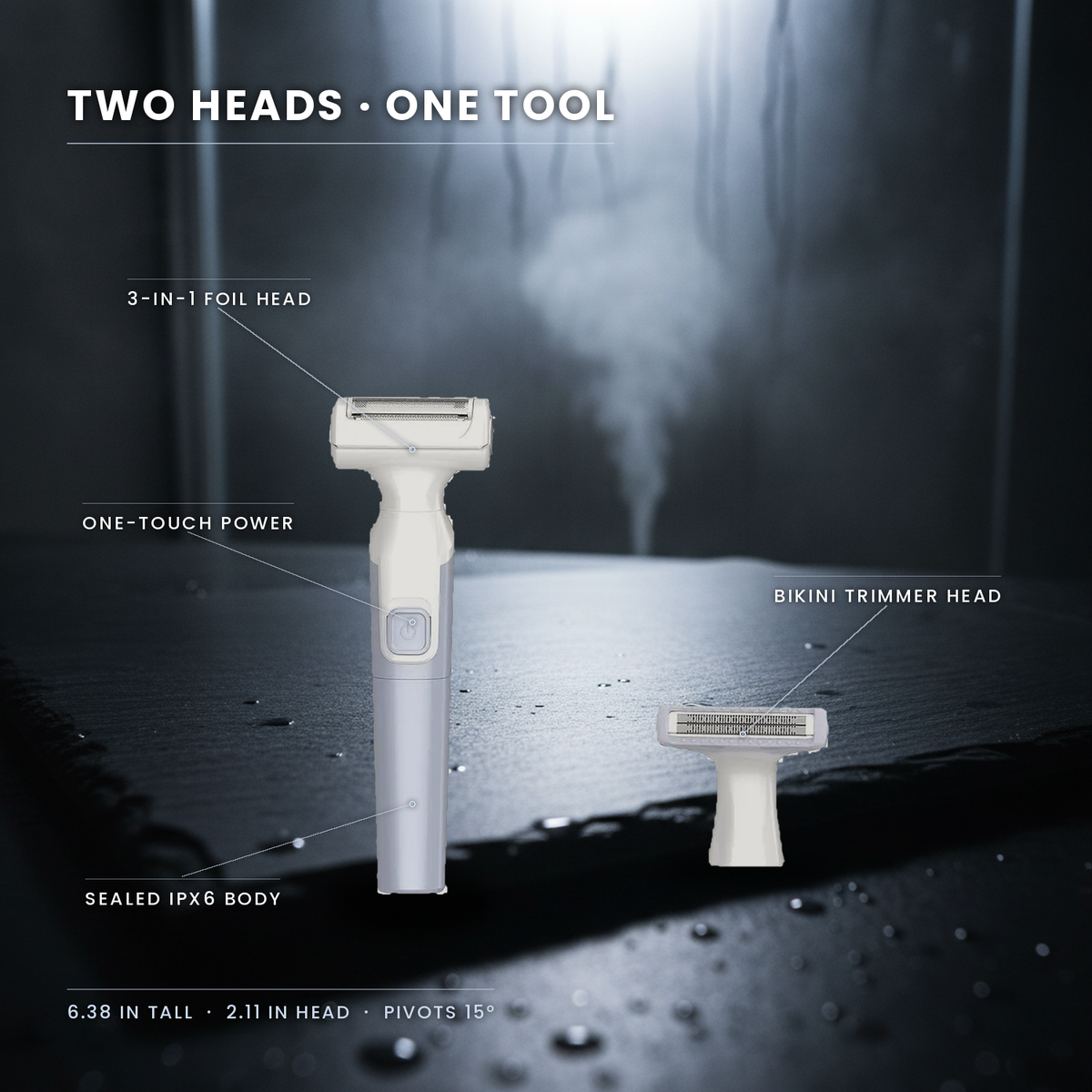 Feature diagram: 3-in-1 foil head, one-touch power, sealed IPX6 body, bikini trimmer head