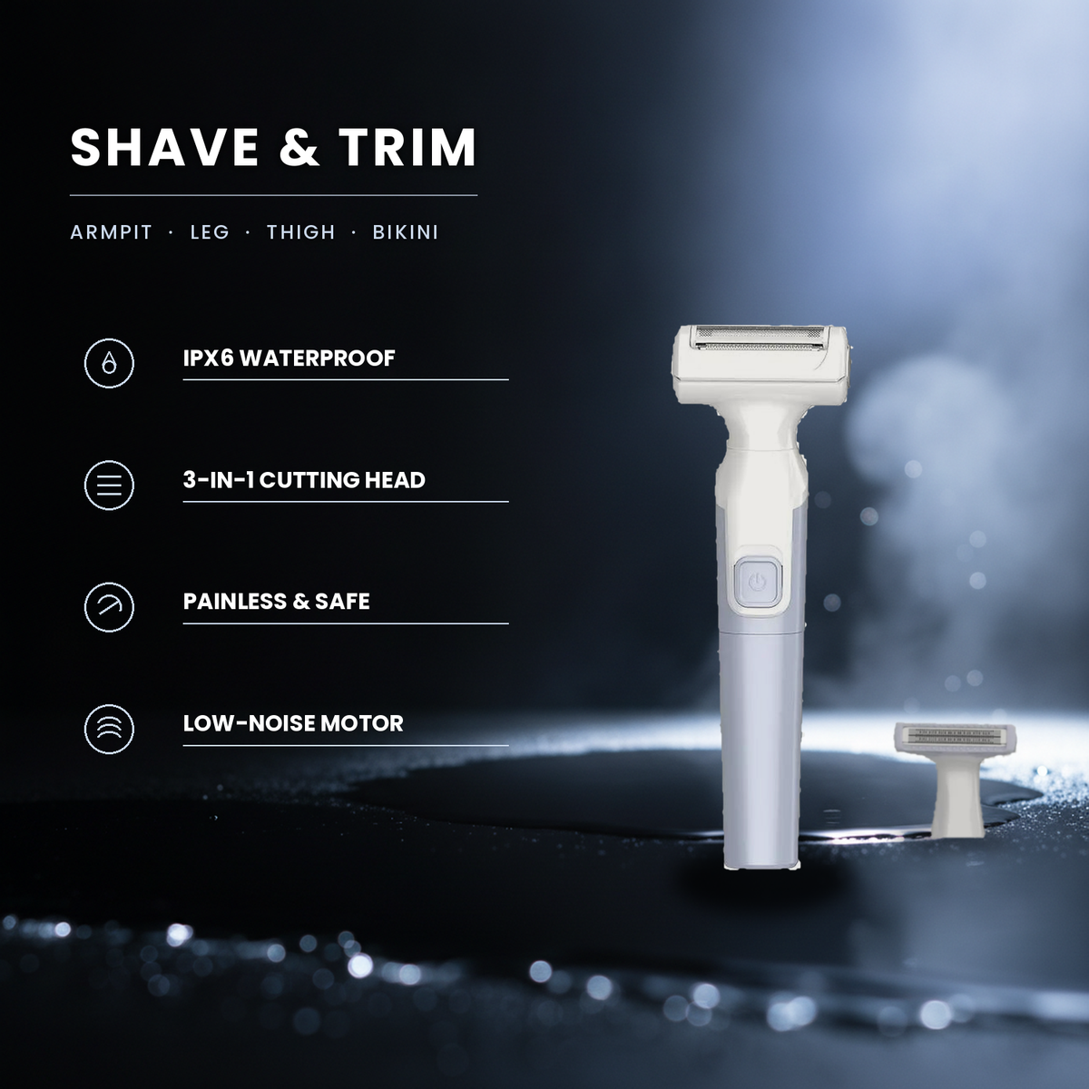 Benefits: IPX6 waterproof, 3-in-1 cutting head, painless and safe, low-noise motor
