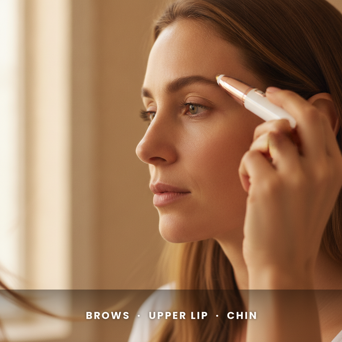 Woman shaping her eyebrow with the cordless trimmer pen