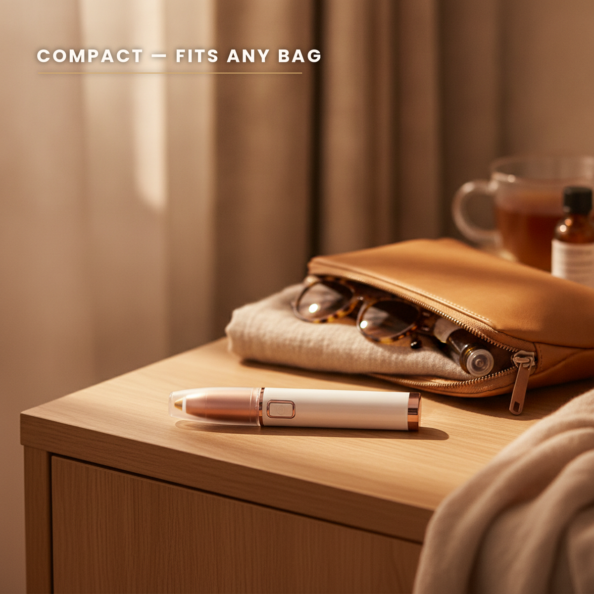 Trimmer pen on a nightstand beside a travel pouch, compact enough for any bag