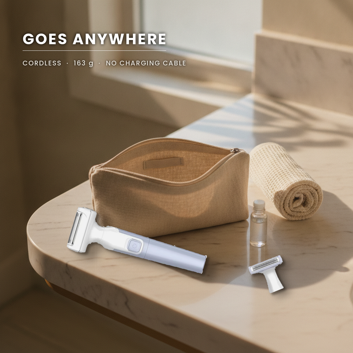 Cordless and 163 g, packed on a travel vanity beside a linen pouch