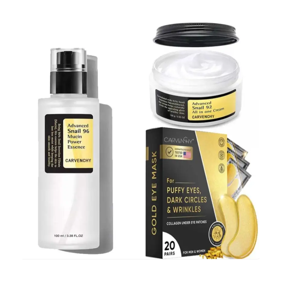 Snail mucin skincare set — Snail 96 essence bottle, Snail 92 all-in-one cream jar and gold eye mask carton, centered on a pure white background