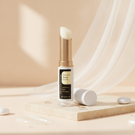 Snail Peptide Hydrating Eye Cream Stick — styled angle on ivory travertine with pearls and dew