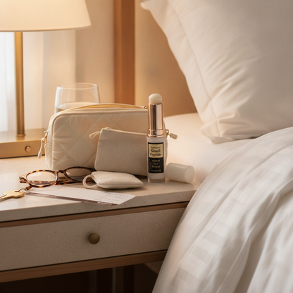Snail Peptide Hydrating Eye Cream Stick — lifestyle photo of the stick in a travel pouch on a hotel bedside table
