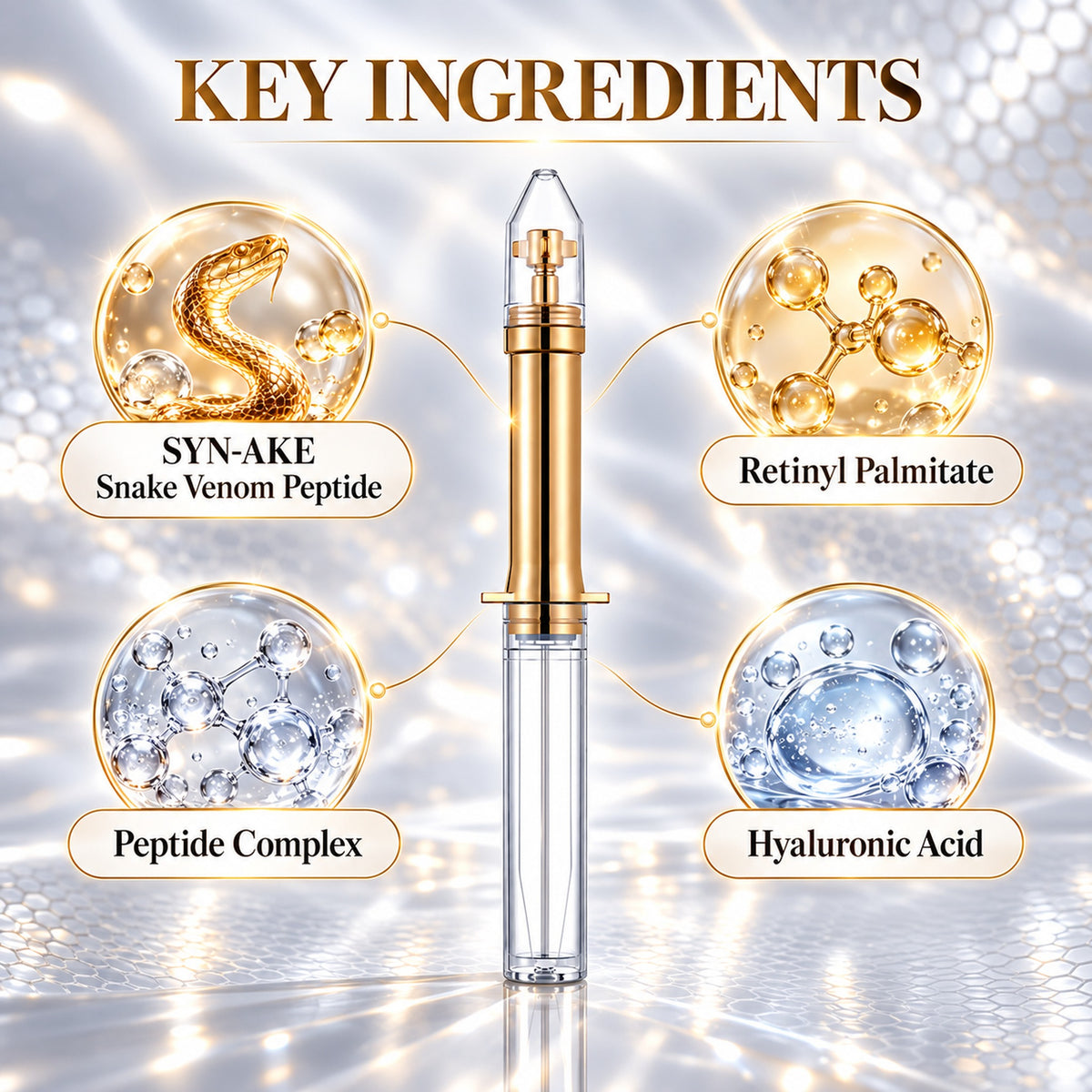 Key ingredients – SYN-AKE snake venom peptide, retinyl palmitate, peptide complex, hyaluronic acid
