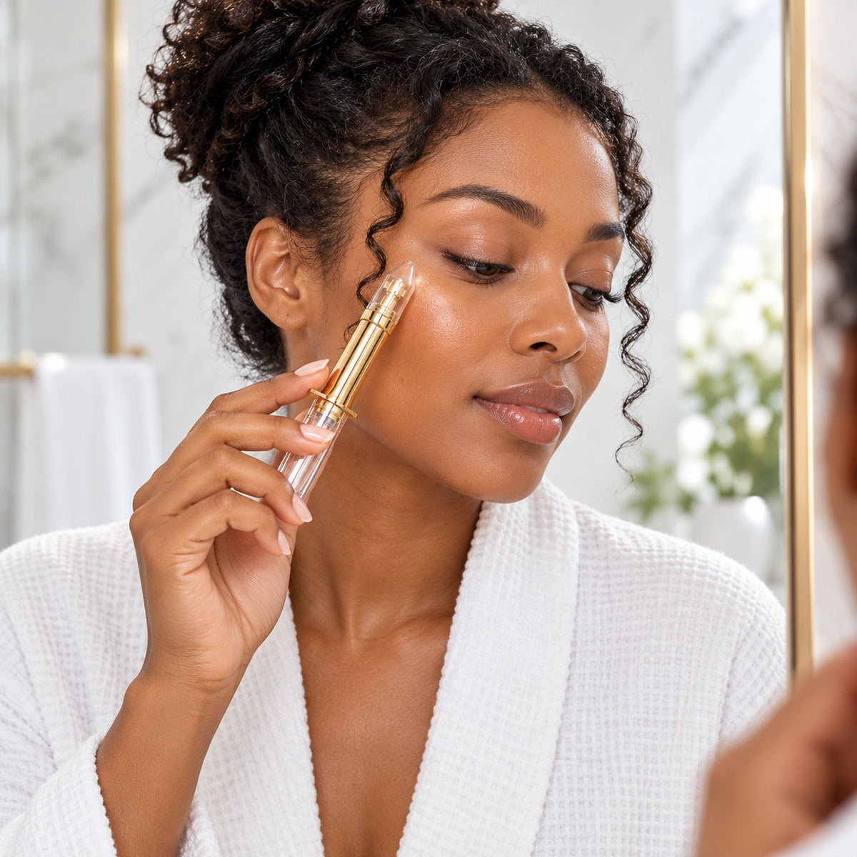 Woman applying the snake venom peptide eye cream applicator along her cheekbone