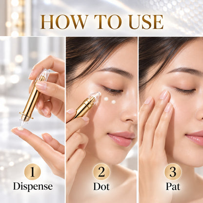 How to use – 1 dispense, 2 dot around the eye, 3 pat
