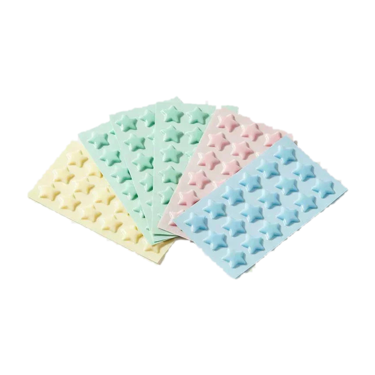 Star-shaped hydrocolloid pimple patch sheets in five pastel shades — centred product on pure white