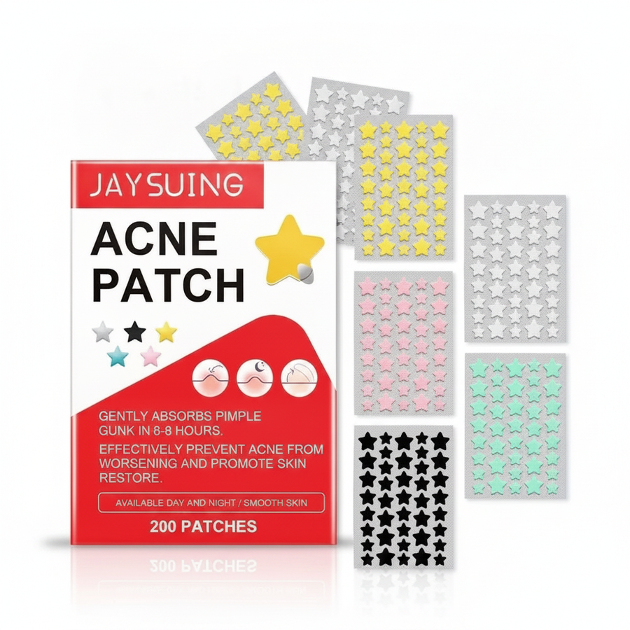 Acne Clarifying Star Patches — hero box and patch sheets on white background with soft studio shadow