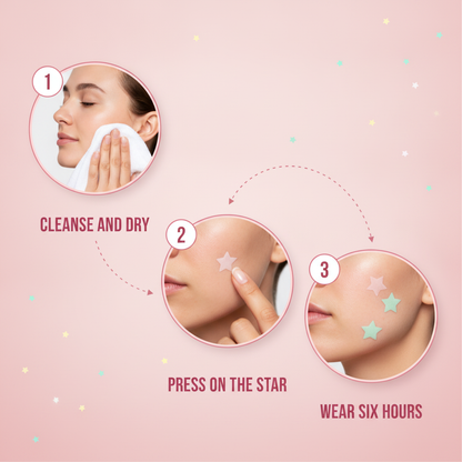 Acne Clarifying Star Patches — how to use in three steps: cleanse and dry, press on the star, wear six hours