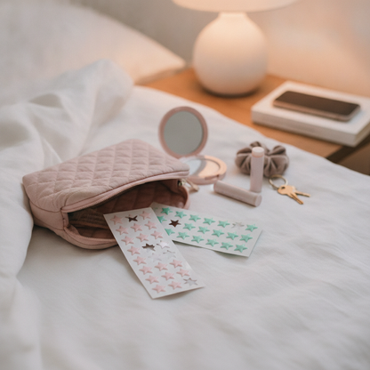 Acne Clarifying Star Patches — lifestyle photo of the patch sheets in an open makeup pouch on a bedside table