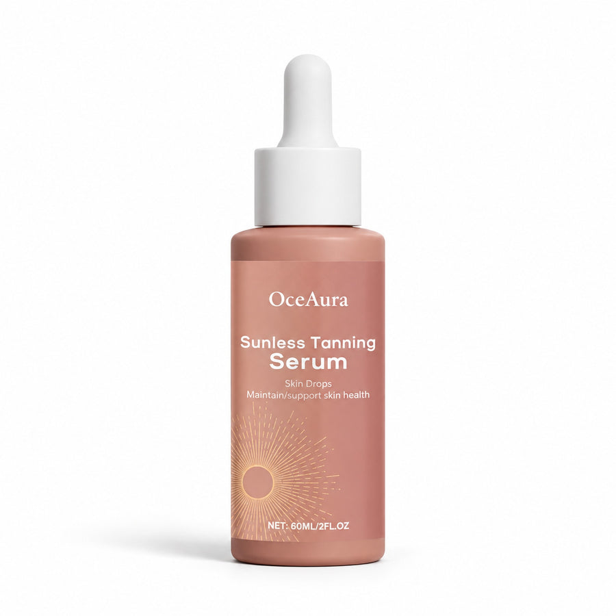 OceAura Sunless Tanning Serum 60 ml dusty-rose dropper bottle on a white background