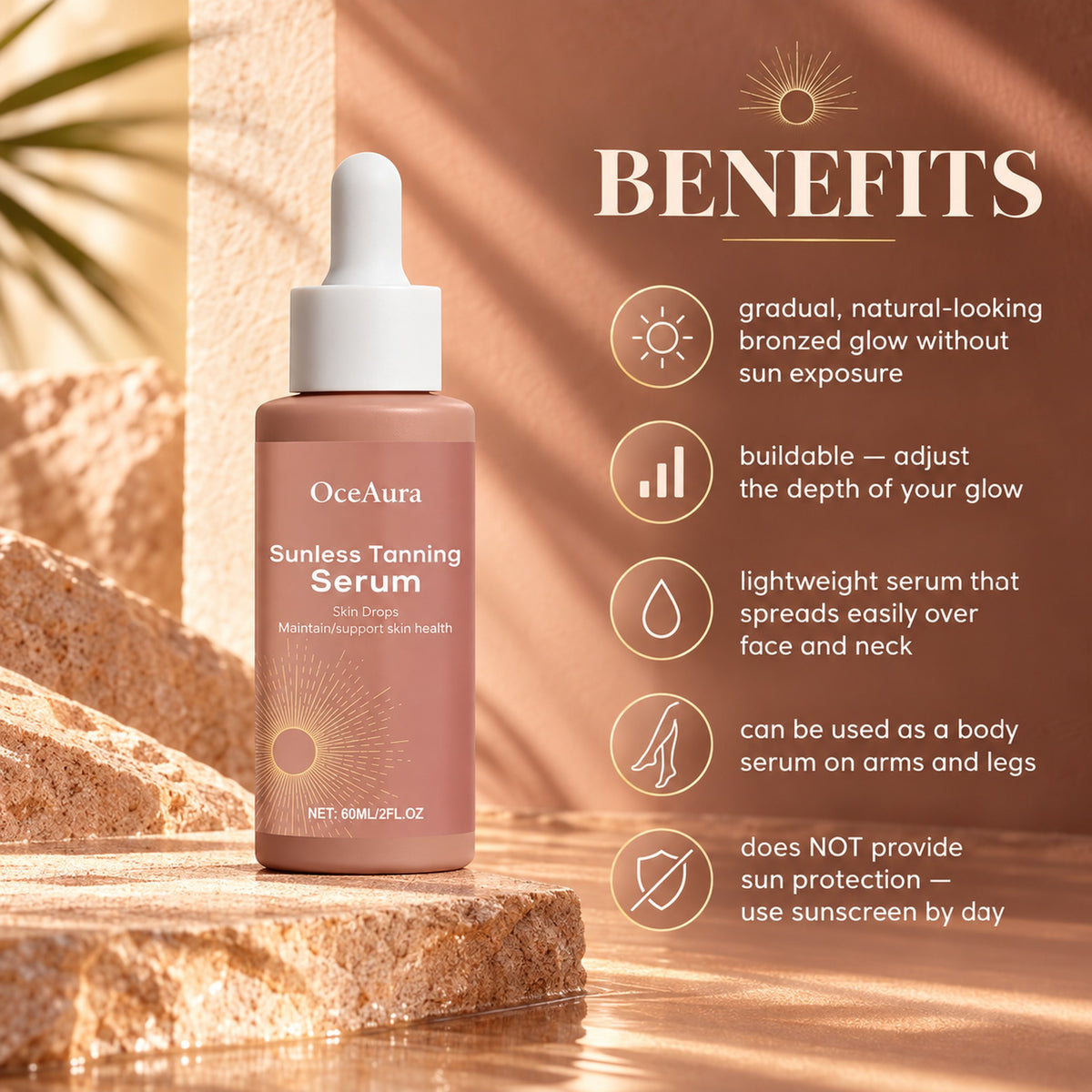 Benefits: gradual natural-looking bronzed glow without sun exposure, buildable, lightweight, face and body