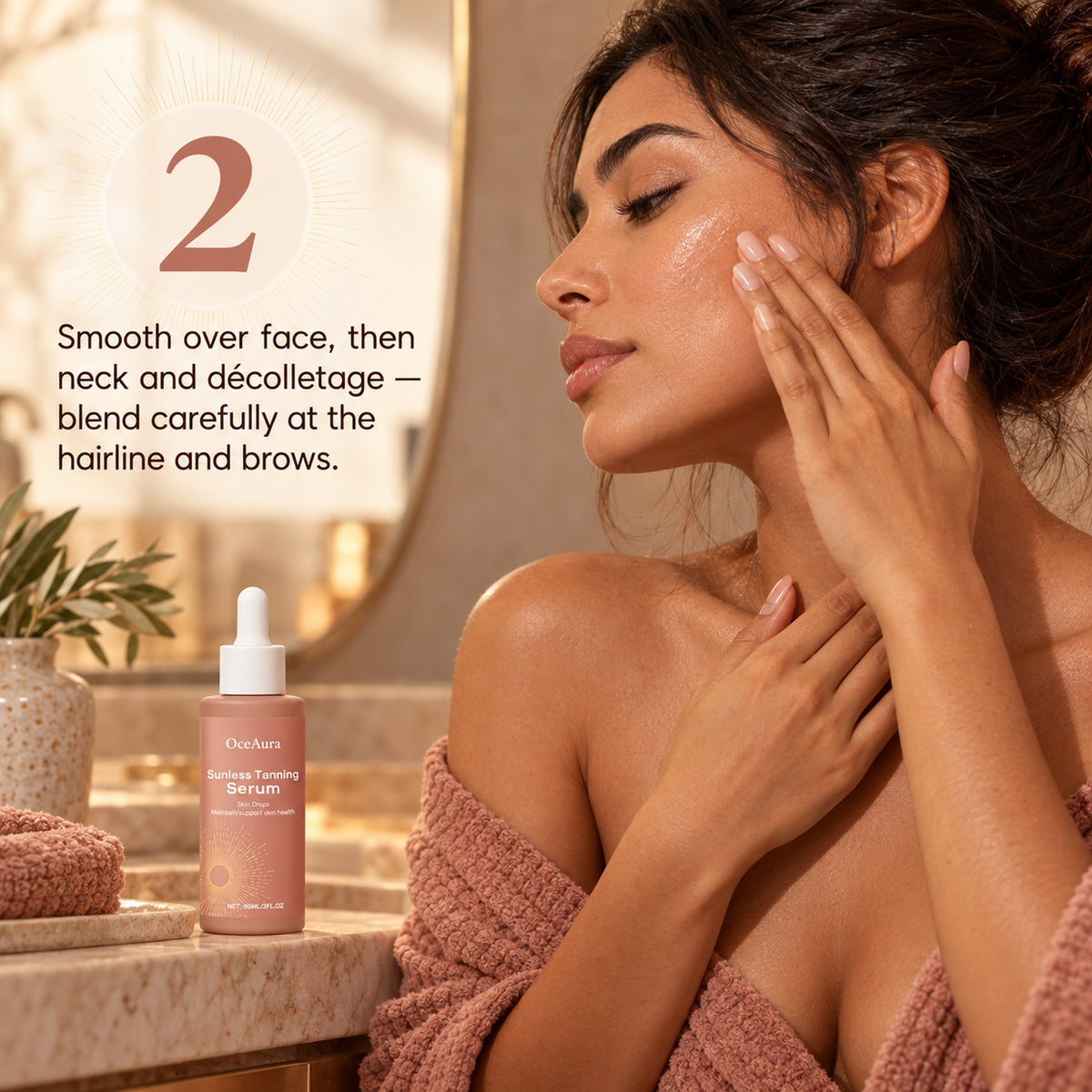 Step 2: smooth over face, neck and decolletage, blending at the hairline and brows