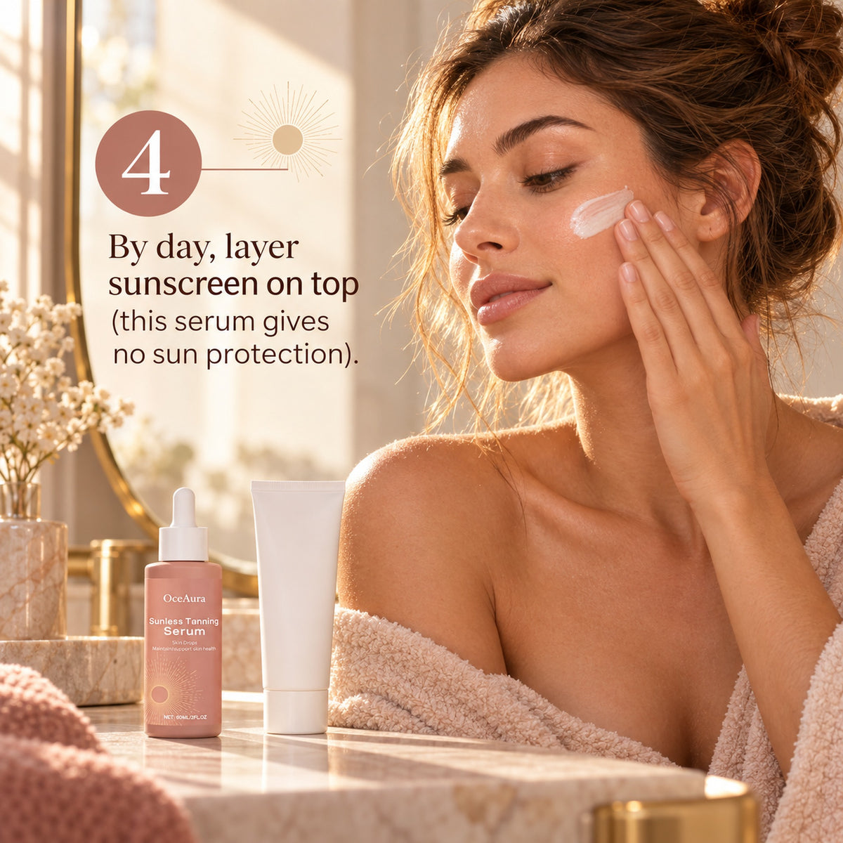 Step 4: layer sunscreen on top by day, the serum gives no sun protection