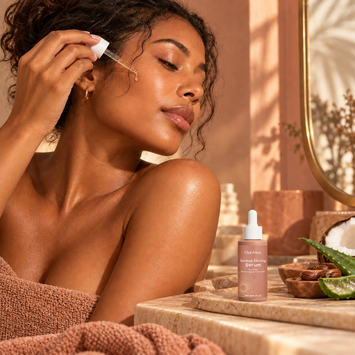 Woman applying OceAura sunless tanning serum drops, bottle on a sunlit vanity with coconut and aloe