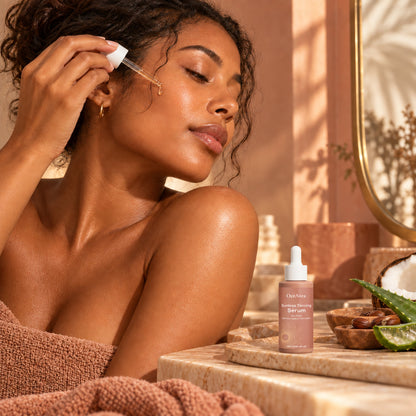 Woman applying OceAura sunless tanning serum drops, bottle on a sunlit vanity with coconut and aloe