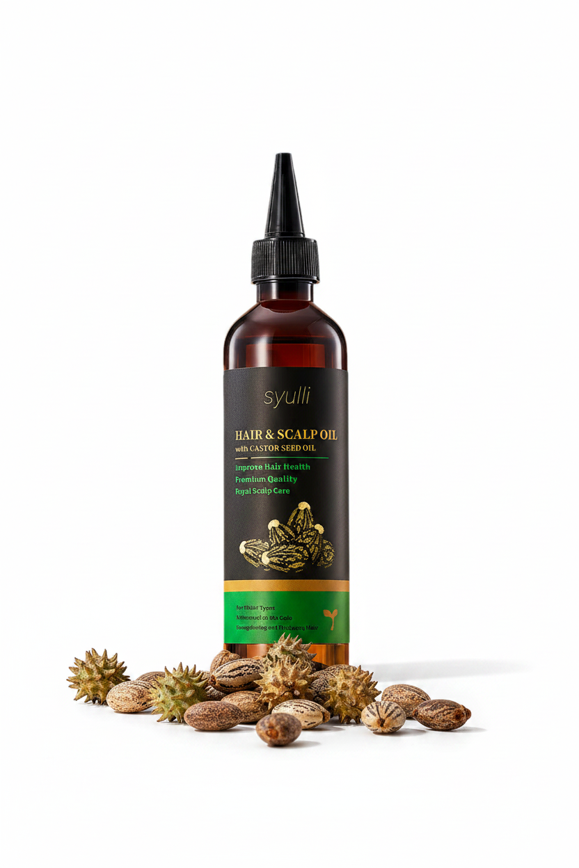 syulli Hair and Scalp Oil with castor seed oil, applicator bottle, centred on a pure white background