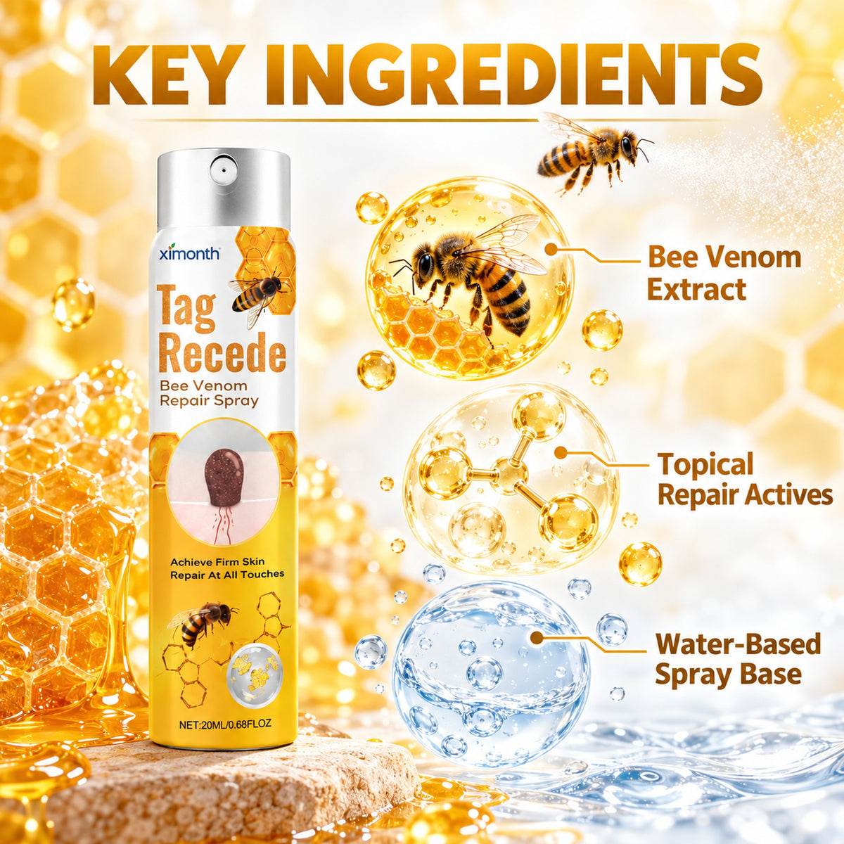 Key ingredients: bee venom extract, topical repair actives, water-based spray base