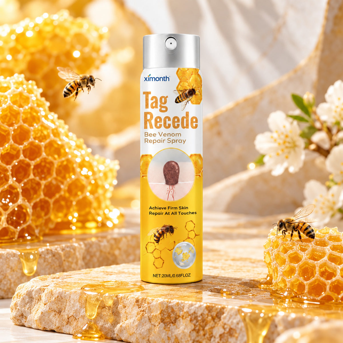 Tag Recede 20 ml bee venom repair spray on a honey stone plinth with honeycomb and bees
