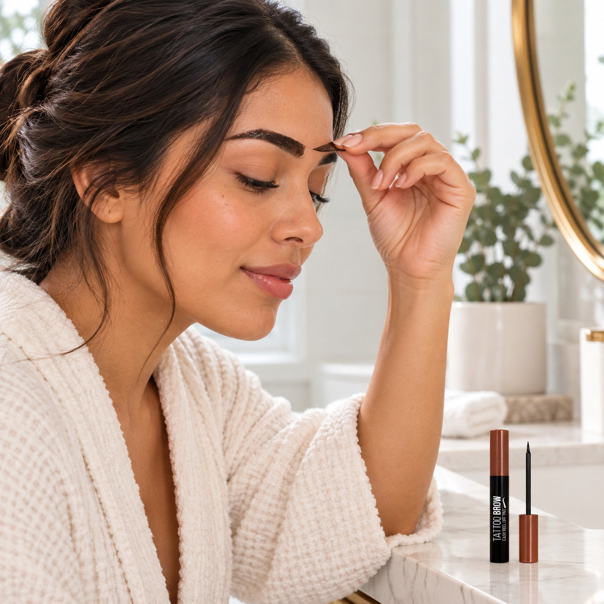 Woman peeling the dried brow tint film in a bright bathroom