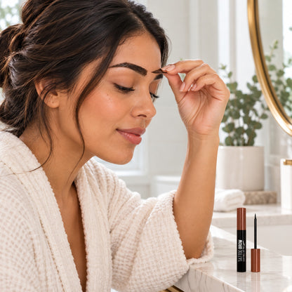 Woman peeling the dried brow tint film in a bright bathroom