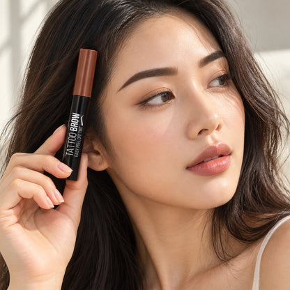 Woman with defined black brows holding the Tattoo Brow tube