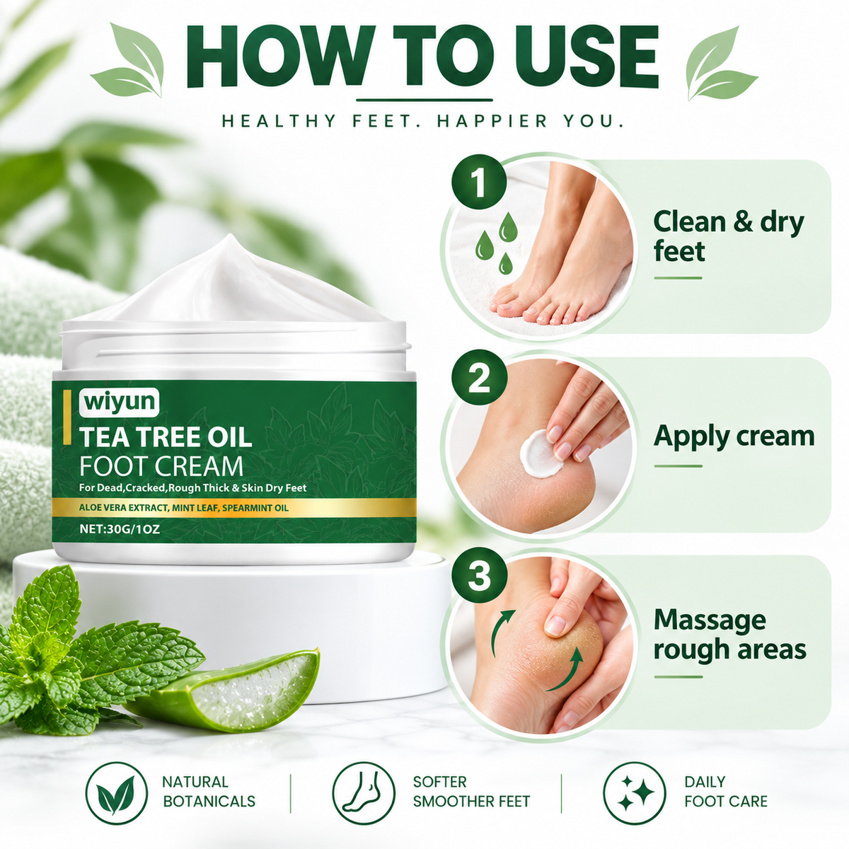 How to use Tea Tree Foot Repair Cream in three simple steps