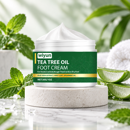 Tea Tree Foot Repair Cream in a premium spa setting