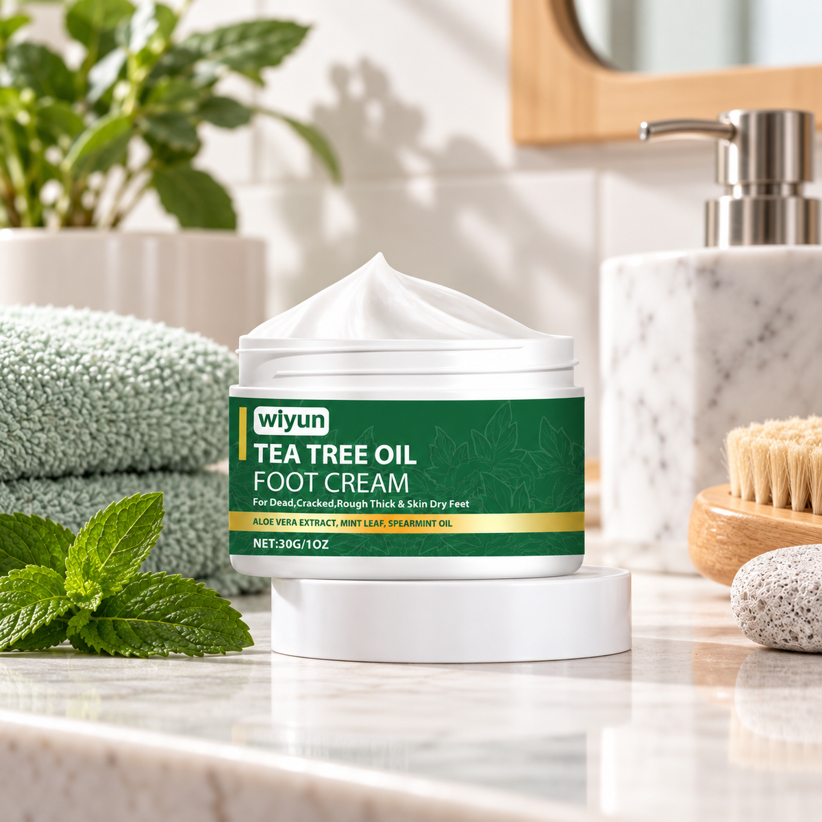 Tea Tree Foot Repair Cream in a clean at-home spa setup