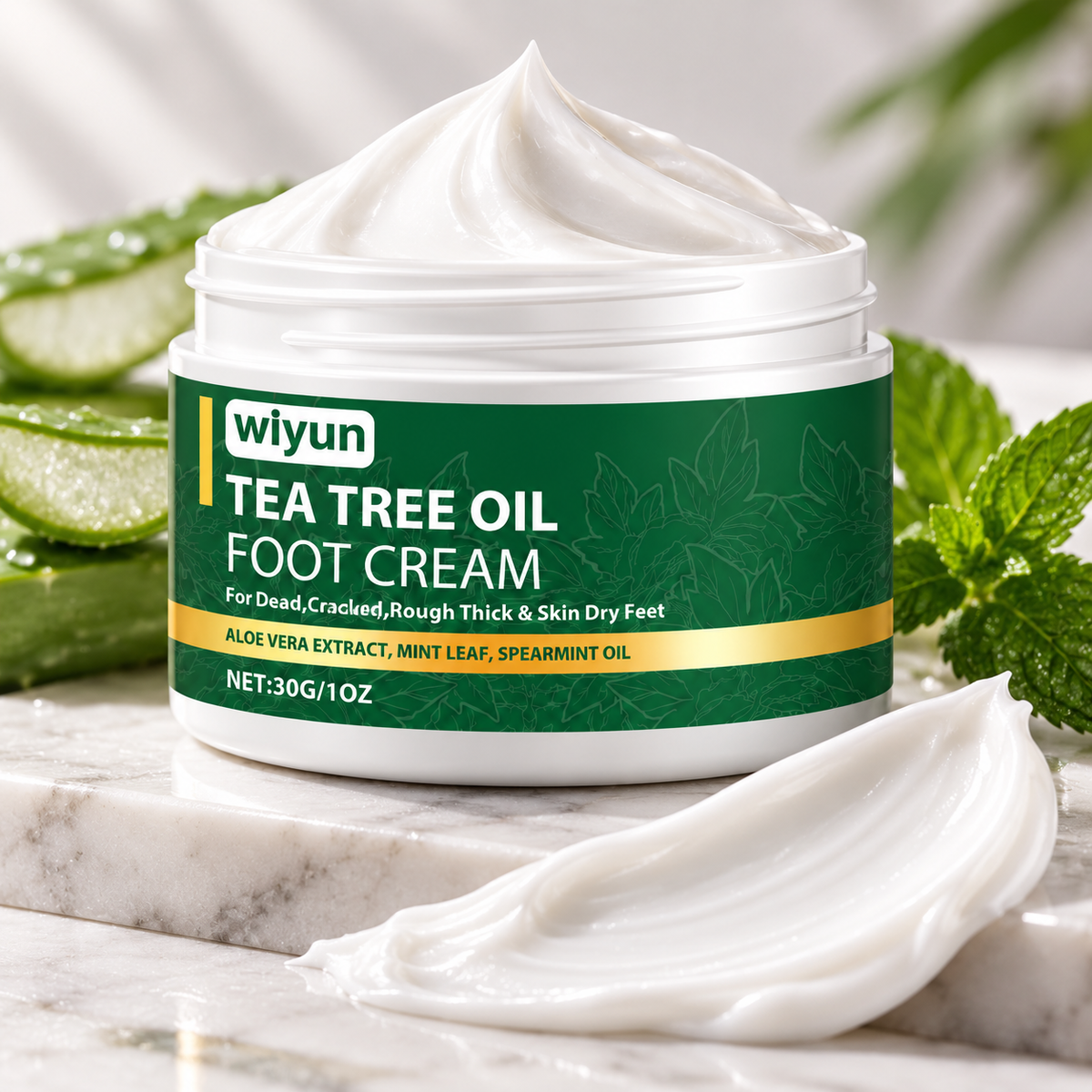 Tea Tree Foot Repair Cream with rich cream texture and botanical styling