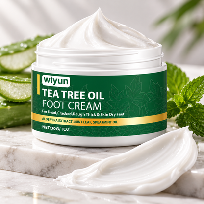 Tea Tree Foot Repair Cream with rich cream texture and botanical styling