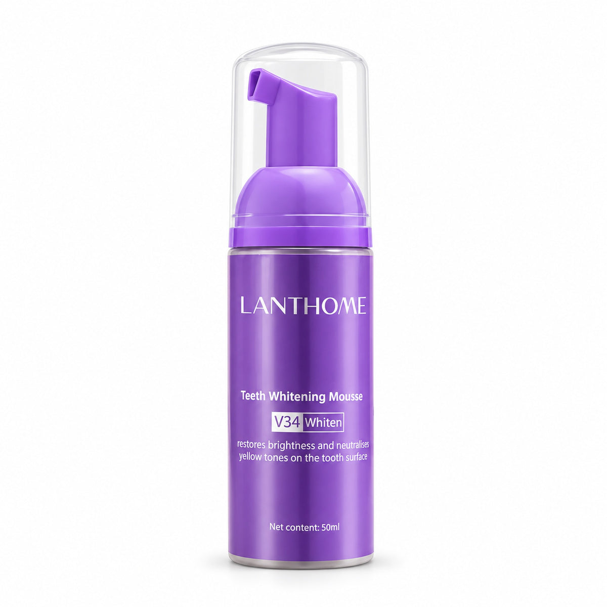 LANTHOME V34 Teeth Whitening Mousse 50 ml purple foam pump bottle on a white background