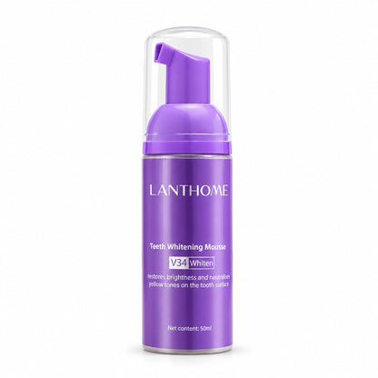 LANTHOME V34 Teeth Whitening Mousse 50 ml purple foam pump bottle on a white background