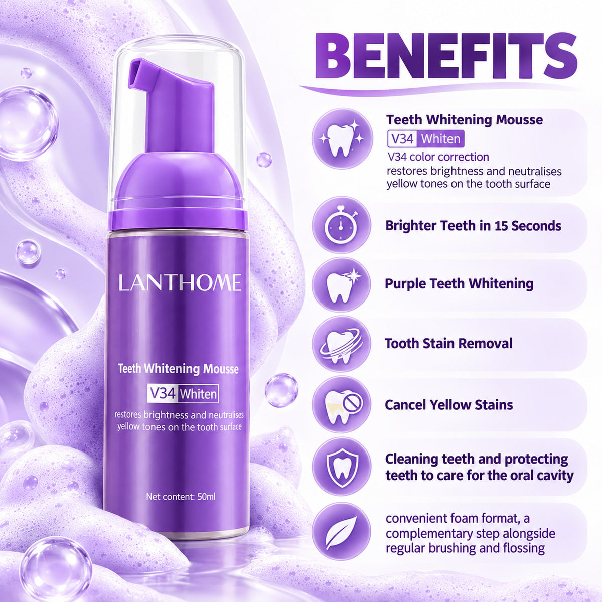 V34 teeth mousse benefits: brighter teeth in 15 seconds, cancels yellow stains, tooth stain removal