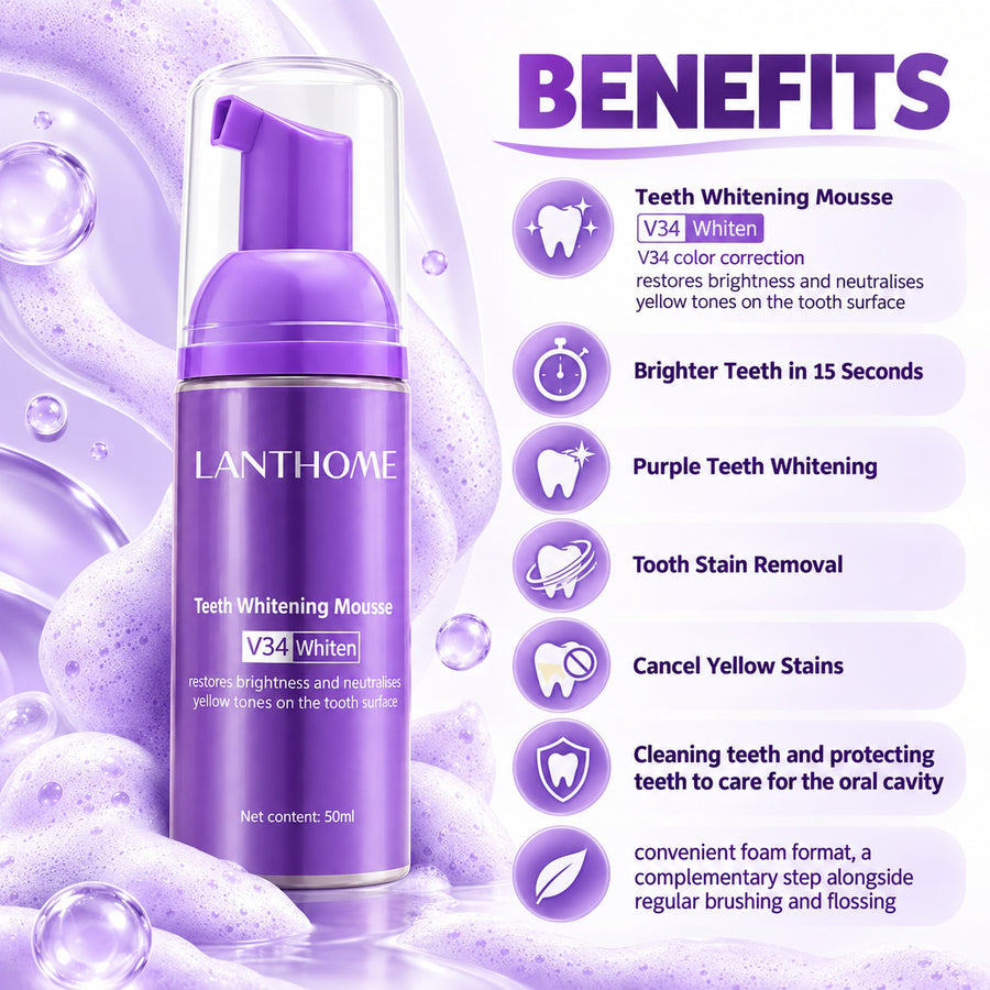 V34 teeth mousse benefits: brighter teeth in 15 seconds, cancels yellow stains, tooth stain removal