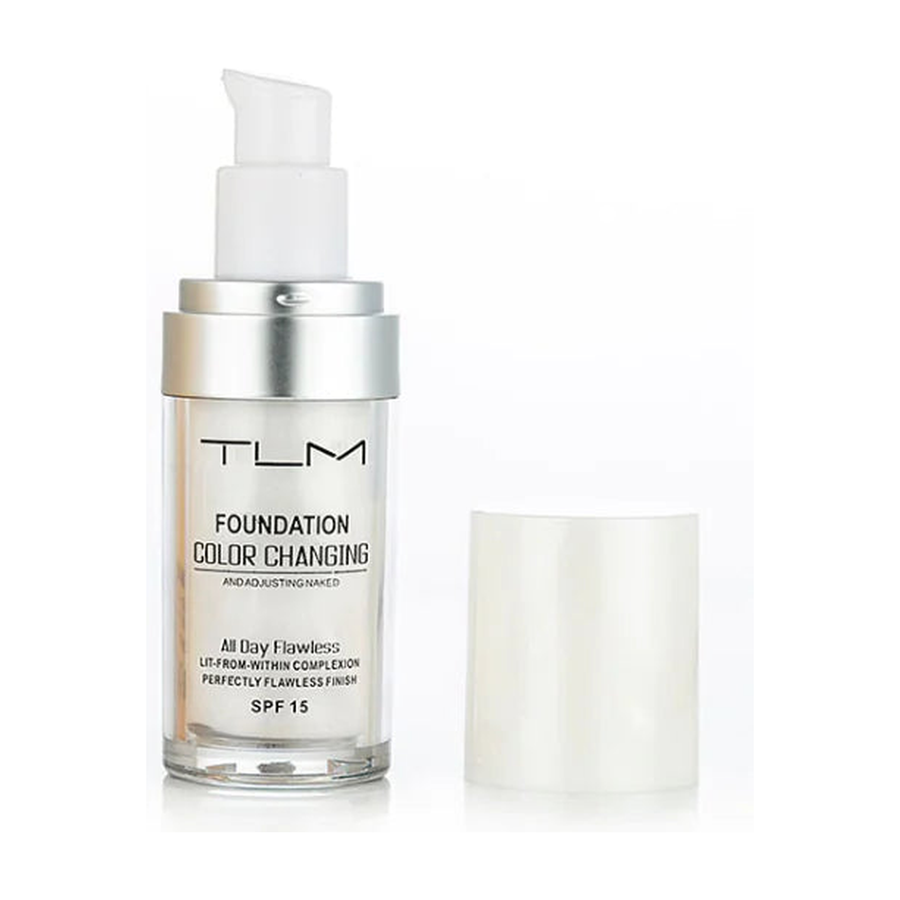 TLM Color Changing Foundation SPF 15 30ml bottle with cap on a pure white background