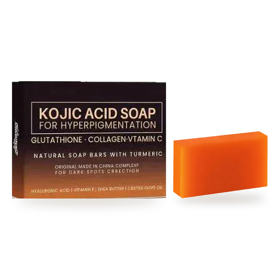 Turmeric & Kojic Acid Brightening Handmade Soap Bar — box and bar on white