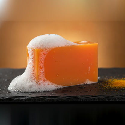 Creamy lather macro close-up on the turmeric kojic acid soap bar