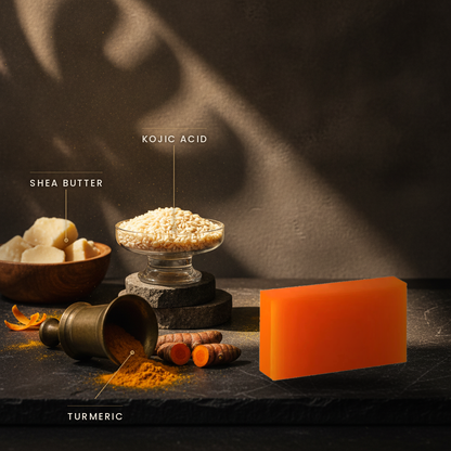 Ingredient story — turmeric, kojic acid and shea butter staged in an apothecary still life