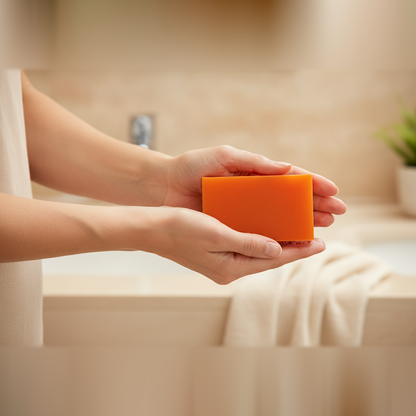 Holding the turmeric kojic acid soap bar at a bathroom vanity