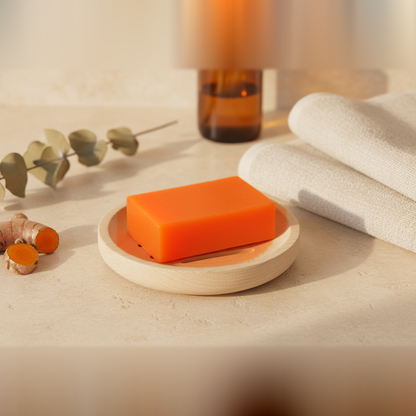 Turmeric kojic acid soap bar on a wooden soap dish with eucalyptus
