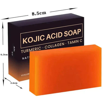 Kojic Acid Soap box with exterior dimensions 8.5 x 6.3 x 3.6 cm
