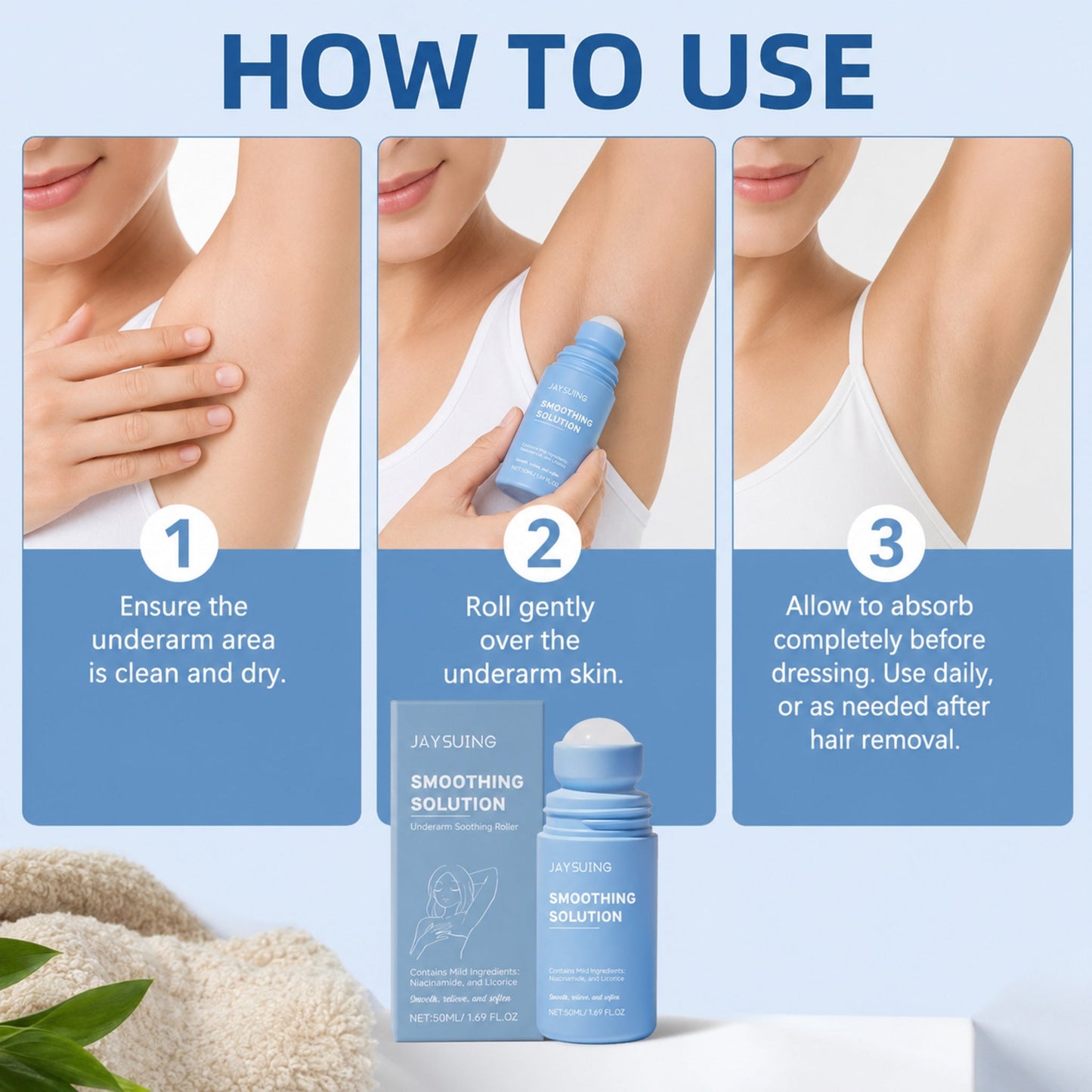 Underarm Soothing Roller Serum – Calming & Gentle Daily Care — photographic three-step how-to