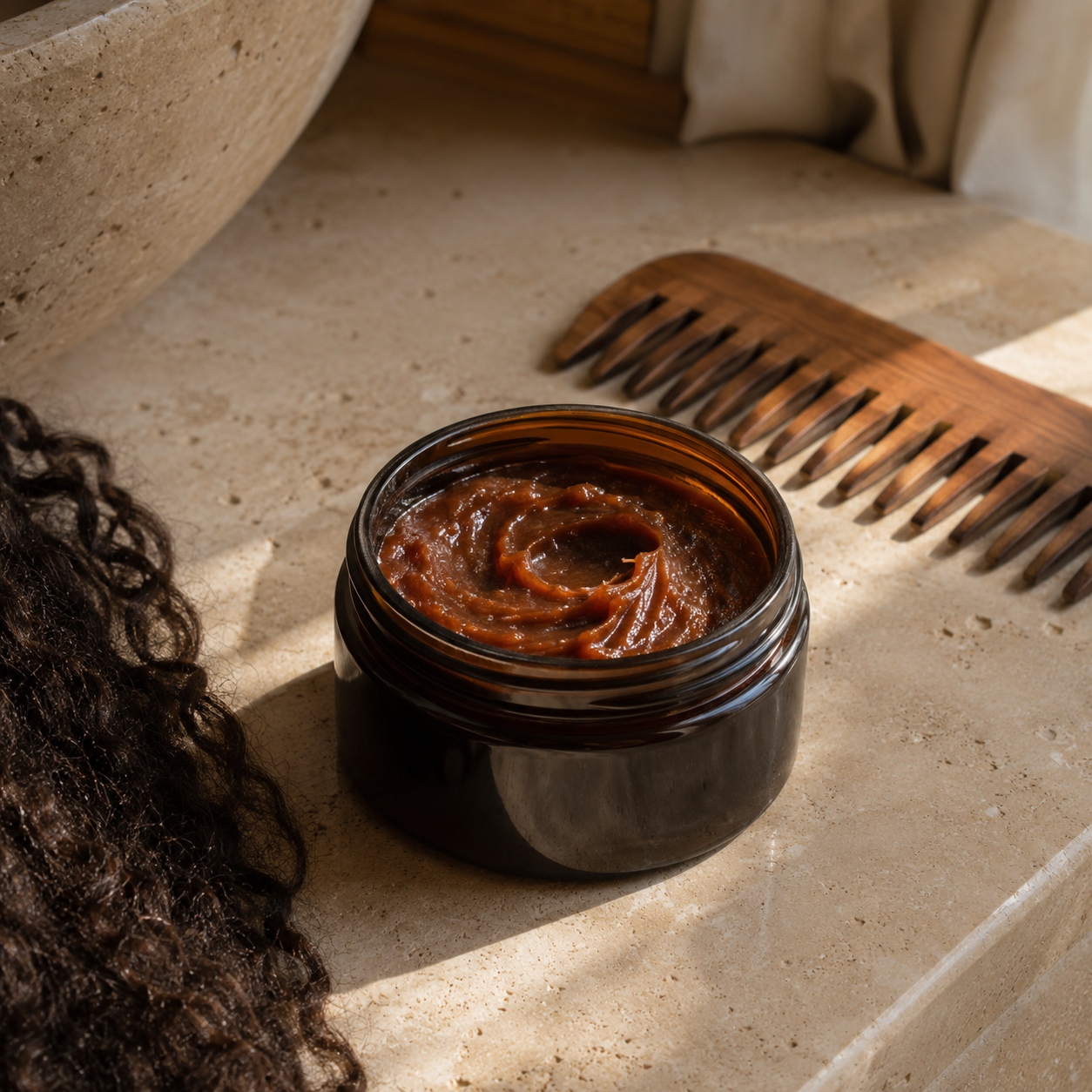 Open Batana hair cream jar with wooden comb in a natural curl-care routine