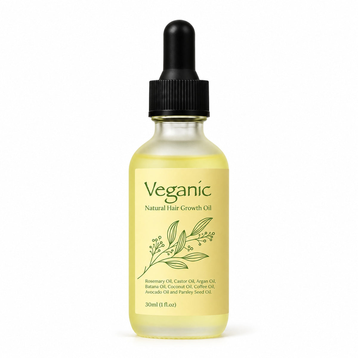 Veganic Natural Hair Growth Oil 30 ml frosted dropper bottle with rosemary, castor, argan and batana oil, on white