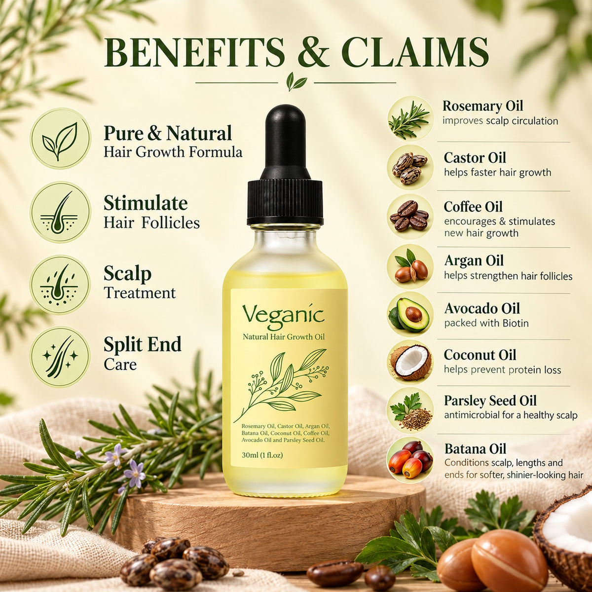 Pure & natural hair growth formula: stimulates hair follicles, scalp treatment, split end care, with the benefit of each oil