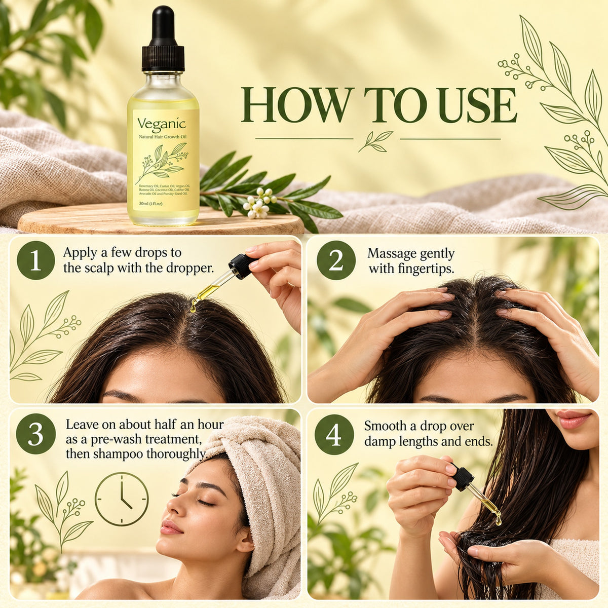 How to use the rosemary hair growth oil in 4 steps: dropper on scalp, massage, leave 30 minutes, smooth over ends