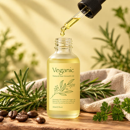 Golden hair oil dripping from the dropper into the Veganic bottle beside rosemary and coffee beans