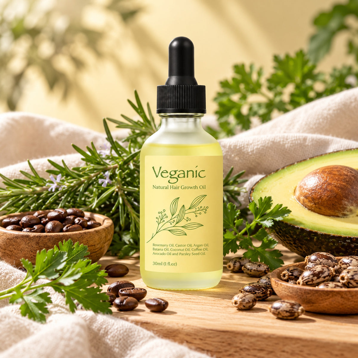 Veganic hair growth oil with rosemary, parsley, avocado, coffee and castor beans